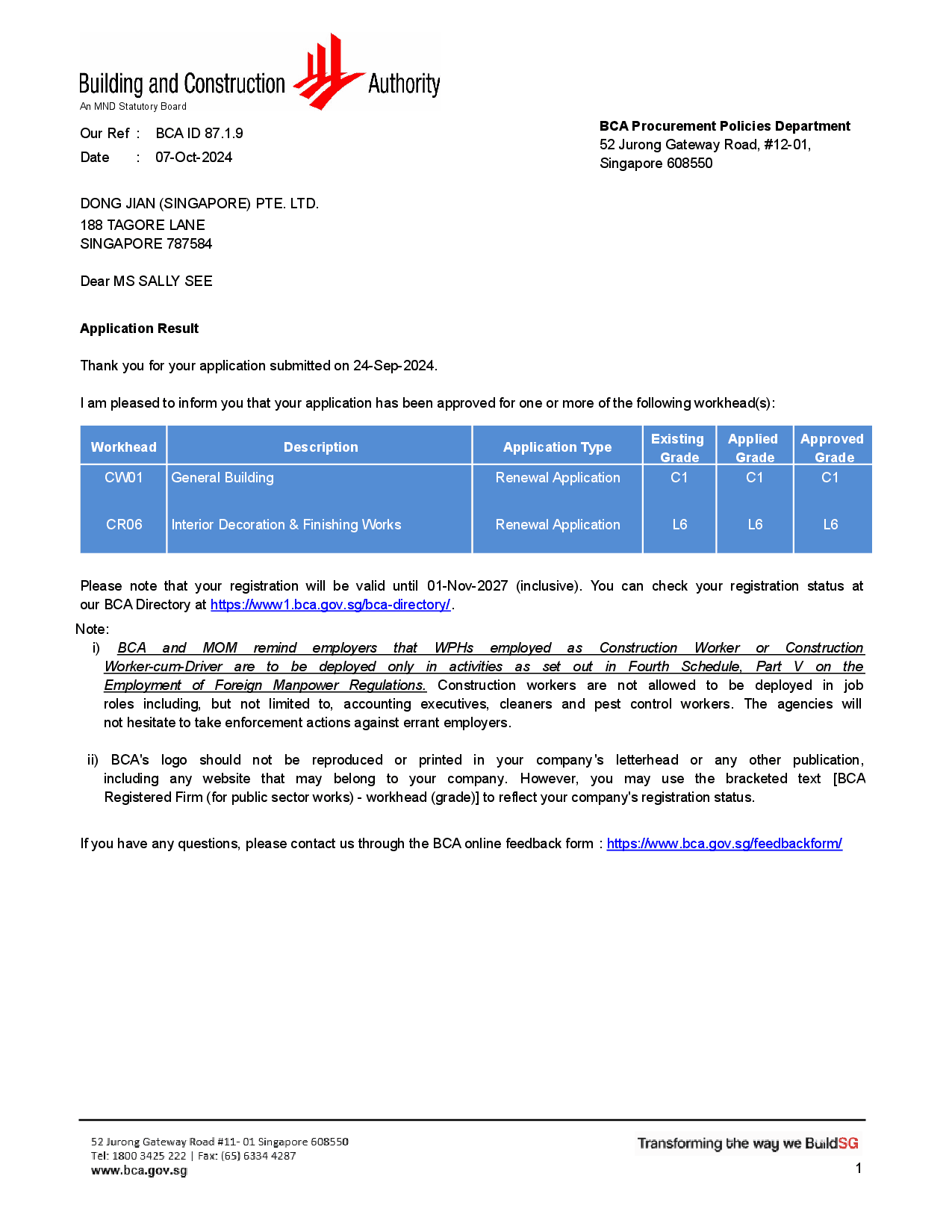 Contractor Registration, issued by Building and Construction Authority