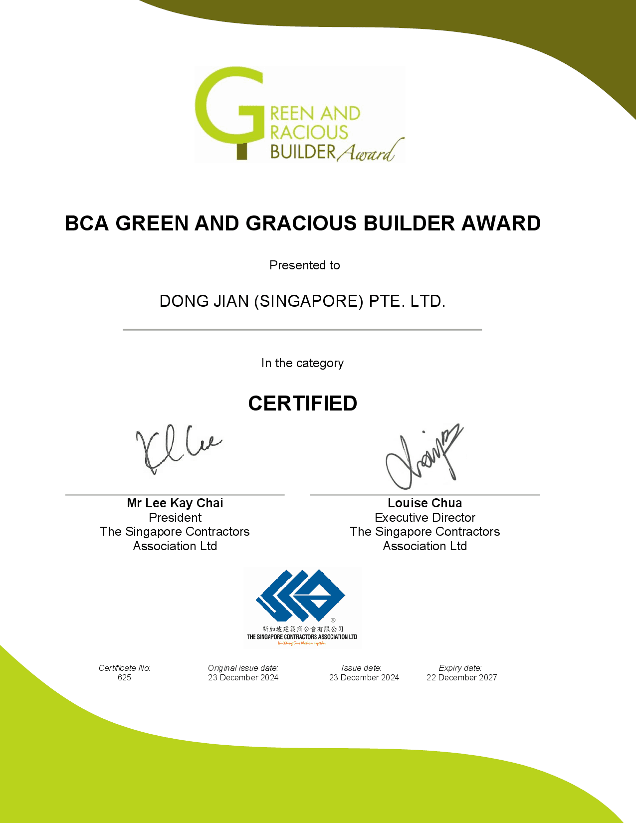 Green and Gracious Builder, issued by BCA · Singapore Contractors Association