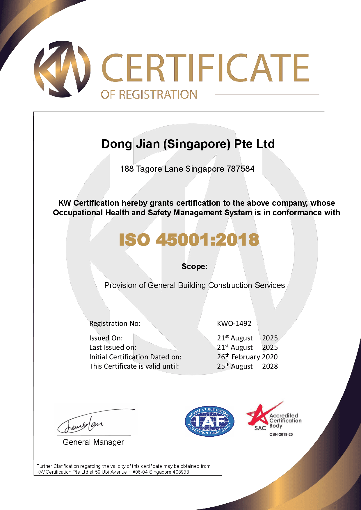 ISO 45001:2018, issued by KW Certification