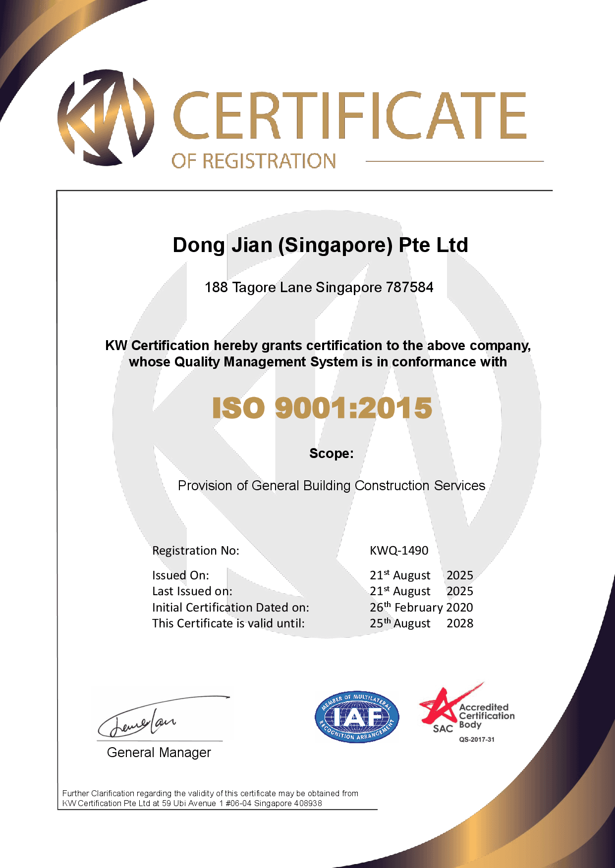 ISO 9001:2015, issued by KW Certification
